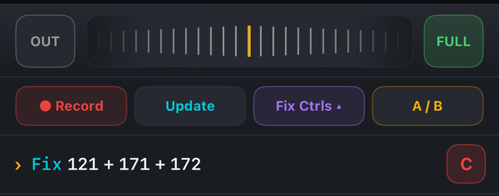 Three stacked strips: OUT, a ribbed jog wheel and FULL; then Record, Update, Fix Ctrls and A/B; then the command bar reading Fix 121 + 171 + 172 with a red C button.
