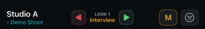 The Fixtures header: the location name Studio A over the project name, the look transport showing LOOK 1 Interview, and the M and filter buttons.