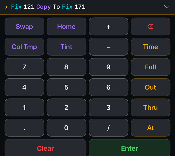 The command bar reads Fix 121 Copy To Fix 171. Below it the keypad, whose top-left key reads Swap instead of Copy.