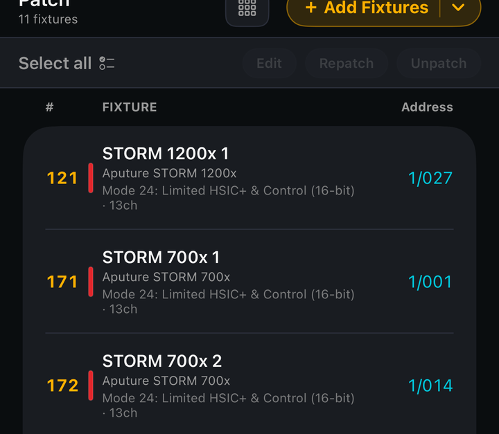 The Patch tab: a header reading Patch, 11 fixtures, an Add Fixtures button, a Select all row with Edit, Repatch and Unpatch, then fixture rows showing number, name, manufacturer, mode and address.