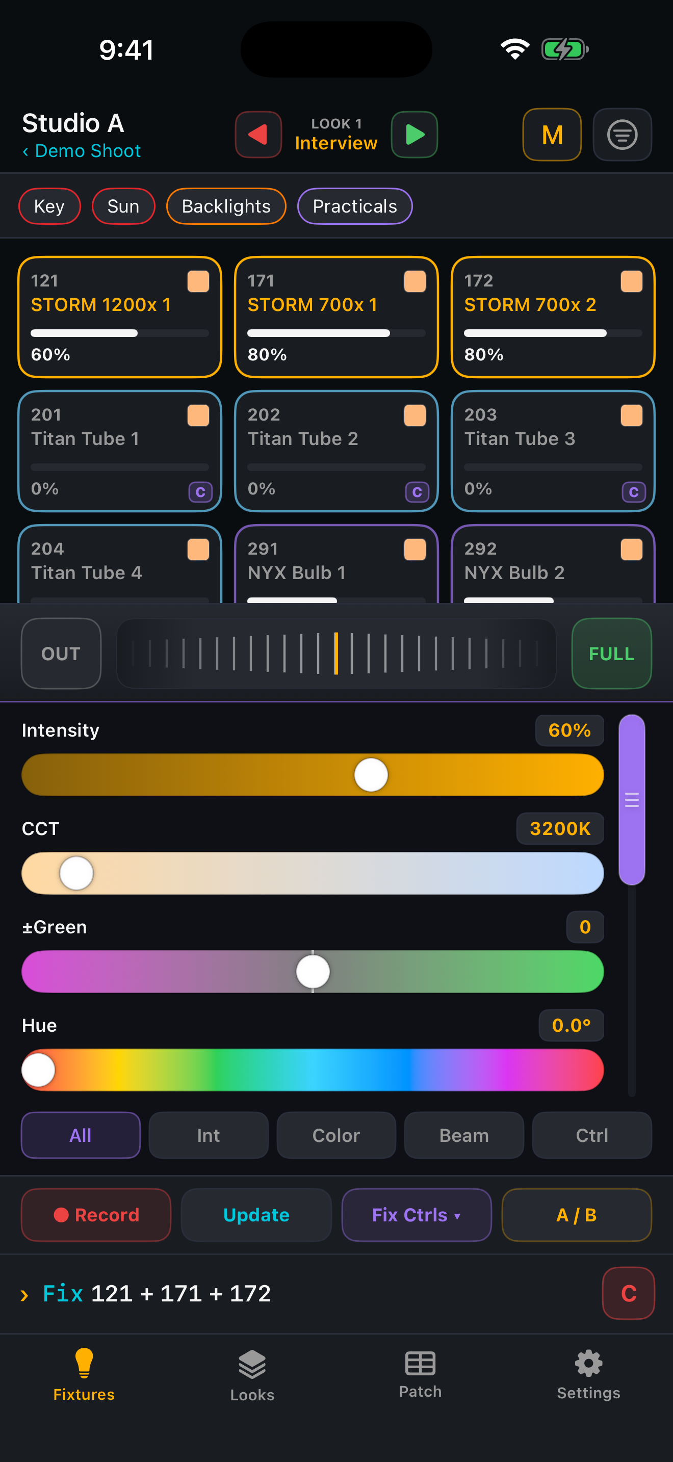 Pocket Console fixture controls screen